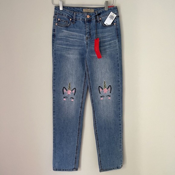 Celebrity Pink Jean Girls Sz 14 Unicorn Embroidery Pink Mid Rise Girlfriend New - Picture 1 of 16